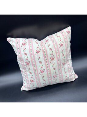 Vintage Throw Pillow Mid Century Handmade Pink Floral Ticking Stripes Cottage